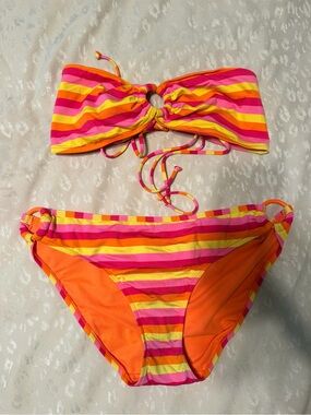Old Navy Pink Orange Yellow Striped Bandeau Bikini